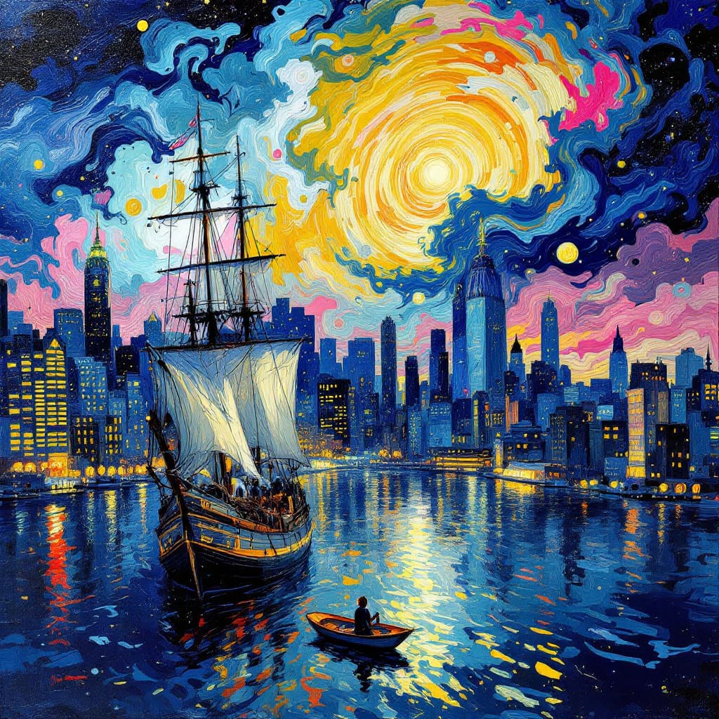 AI generated:  Psychedelic, Surreal. An oil painting with heavy brush strokes. painting of Manhattan as seen from ...