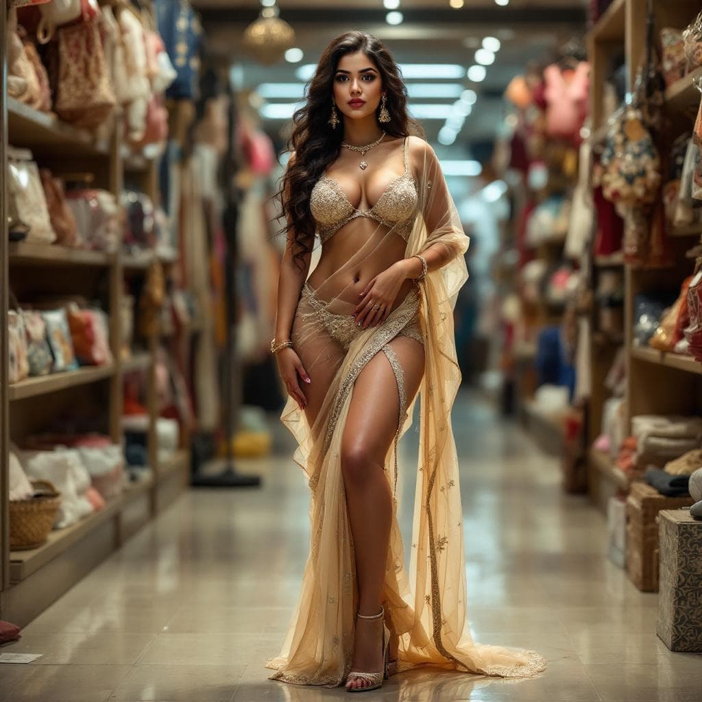 AI generated: busty fair indian in transparent saree with blouse and high heels showing navel, store