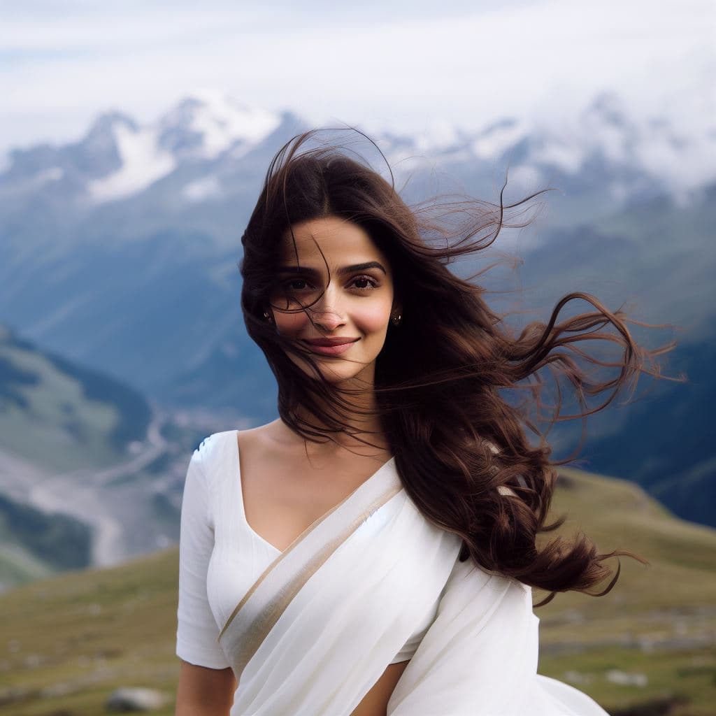 AI generated: A girl in white saree on mountain, 8k