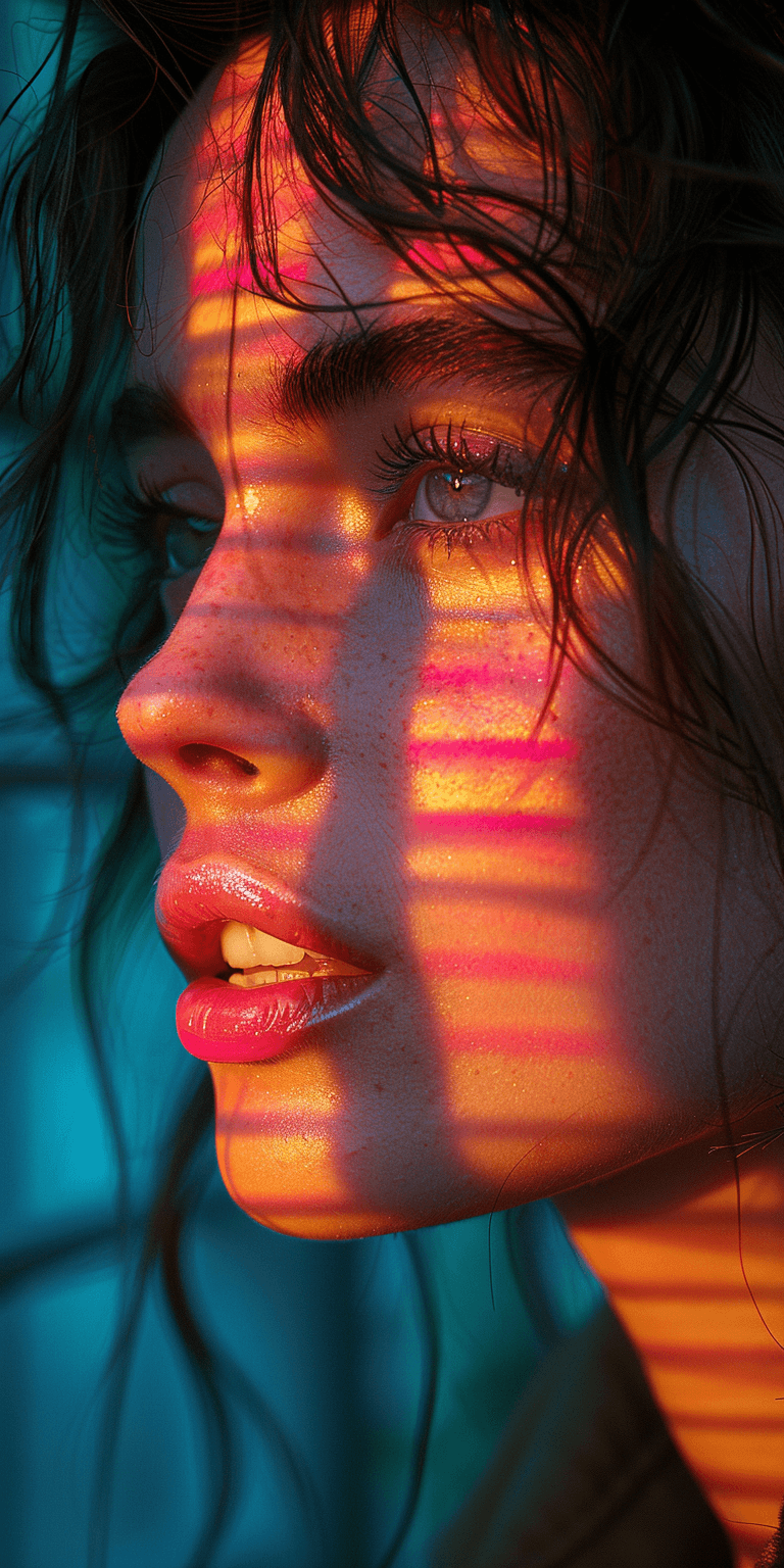 AI generated: Close-up portrait of a woman with a neon pink shadow on her face against a colorful background, with...