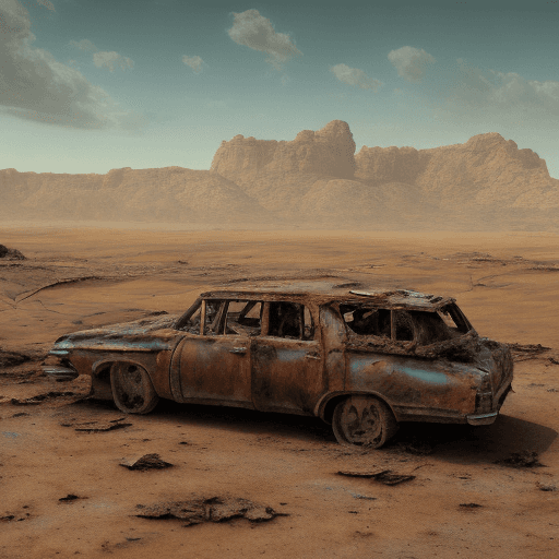 AI generated: the arid, sun-scorched terrain dominates the visuals,
abandoned vehicles, rusted machinery, and crum...