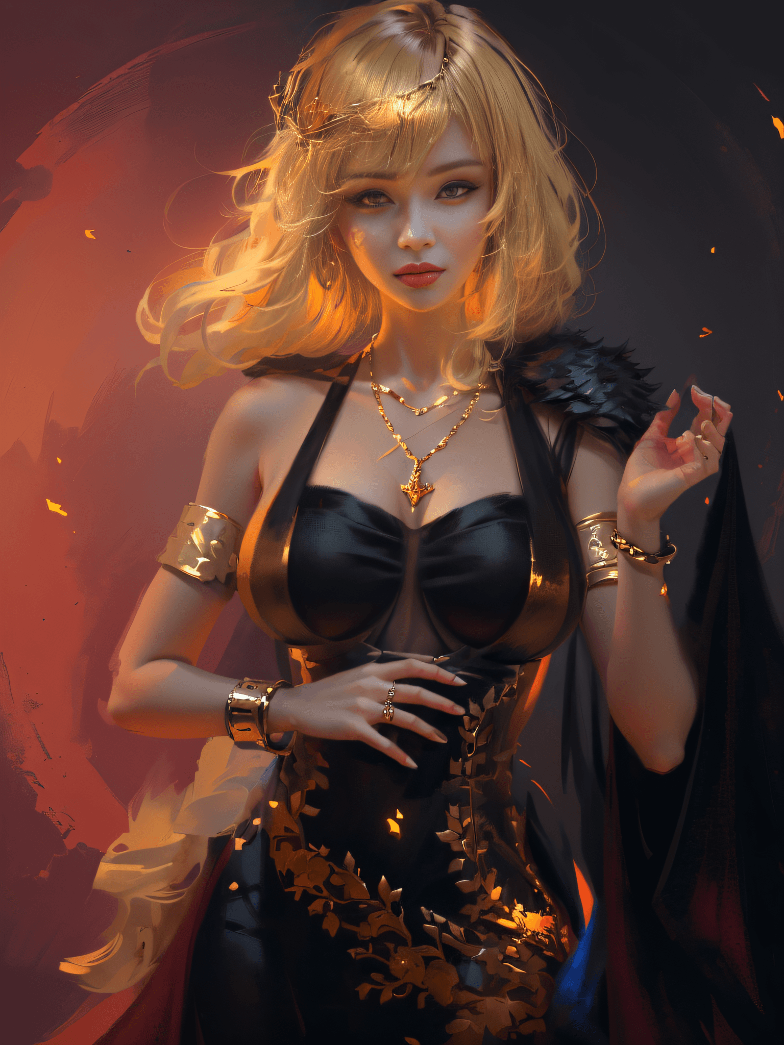 AI generated: blond haired woman in a black dress with a gold chain around her neck, wlop art, art of wlop, devian...