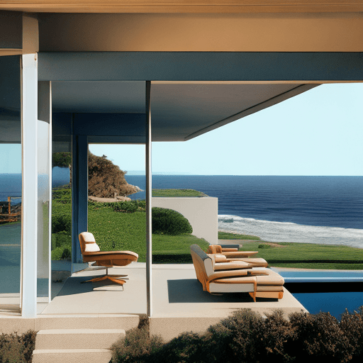 AI generated: Hyper realistic eye level exterior photo of a mid century modern style house overlooking the ocean, ...