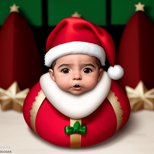 AI generated: bebe disfrazado de papa noel al lado de un pavo navideño