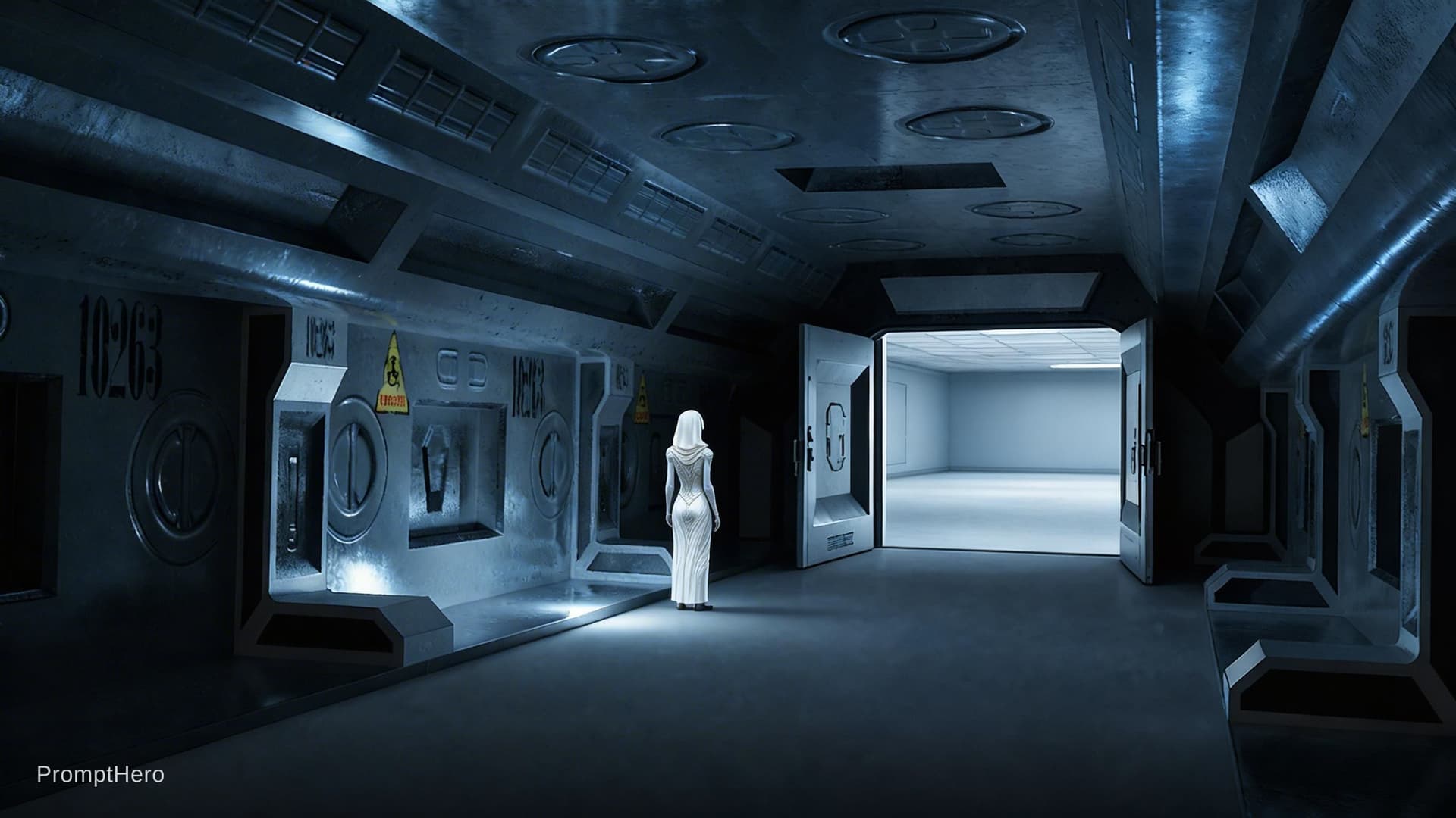 AI generated: Sci-Fi Scene. Replace the small character in reference image one with the character in Reference ima...