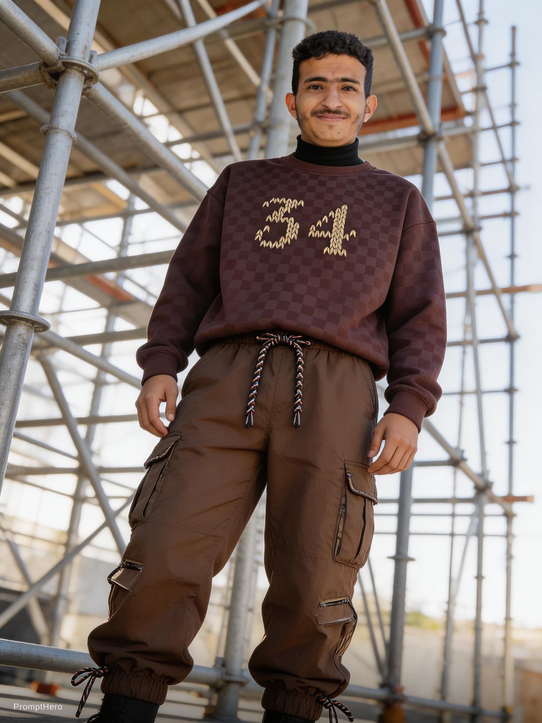 AI generated: photorealistic, wide angle, toe to head composition, distorted, street style of fashion, man model, ...