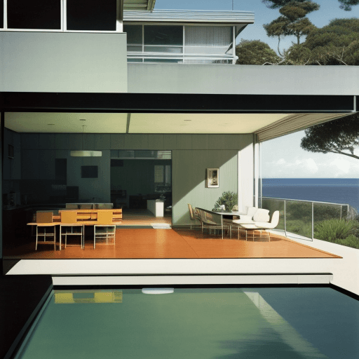 AI generated: Hyper realistic eye level exterior photo of a mid century modern style house overlooking the ocean, ...