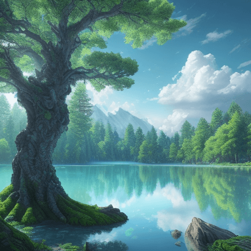 AI generated: epic trees in the background, clouds bright, trees green. Day. sun bright. lake blue crystal. Colorf...