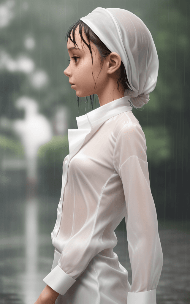 AI generated: side view of a small skinny girl wearing a wet white silk blouse under the rain in a park