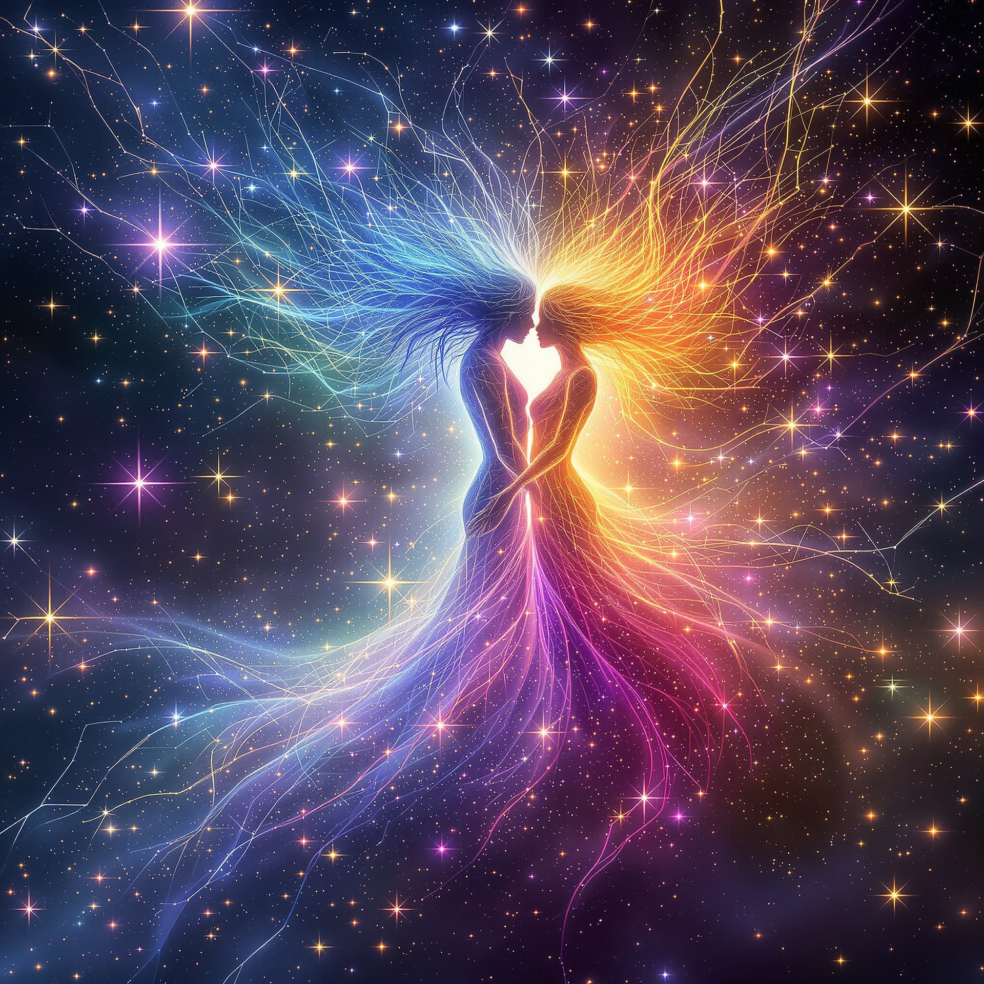 AI generated: Psychedelic, deep color. A surreal representation of existence as pure energy, showing a female and ...