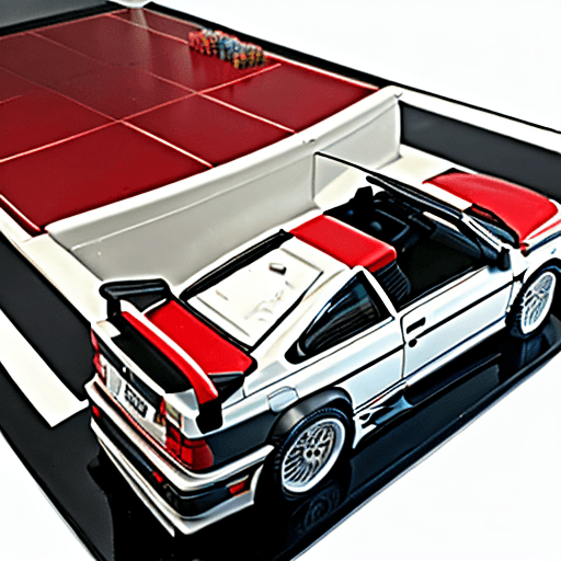 AI generated: white background. RUSH HOUR board game OPEN WITH ALL CARS  in the middle placed red BMW E30 1998 car...