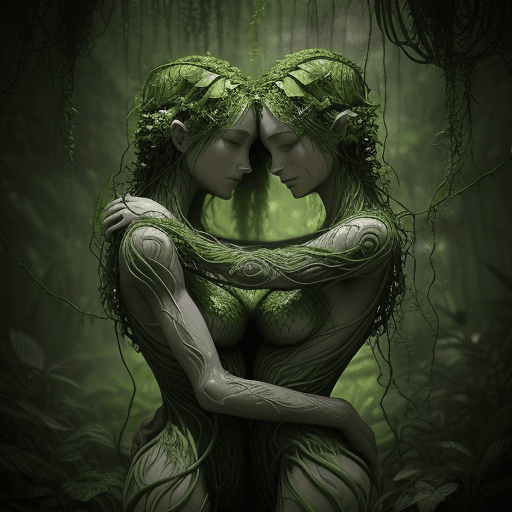 AI generated: two people hugging each other in the jungle, in the style of ethereal figures, made of vines, physic...