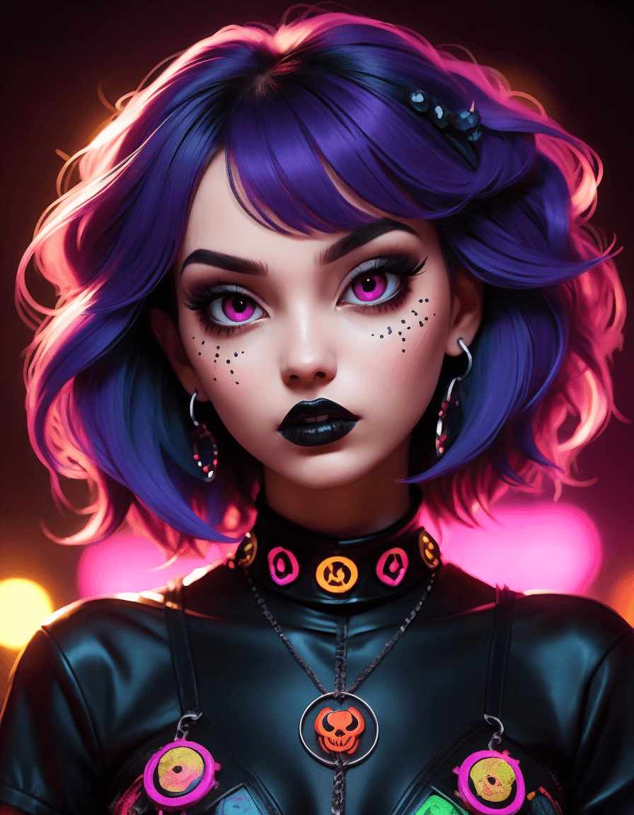 AI generated: Raver girl with a macabre twist. Imagine her as a vibrant mix of darkness and neon, a living contrad...