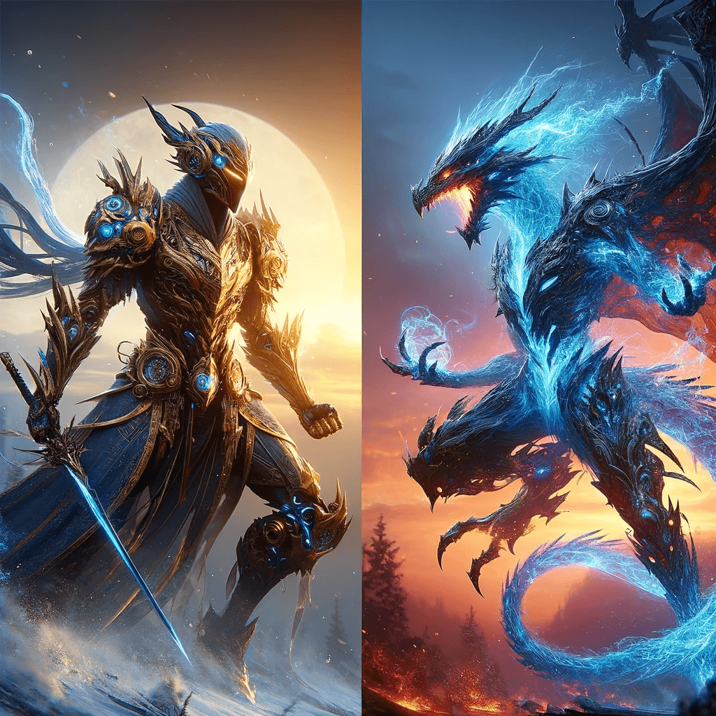 AI generated: Create two hyper-realistic characters. The first character is a fusion of a medieval and futuristic ...