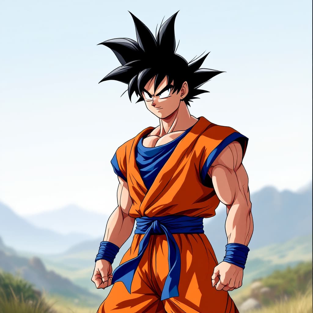 AI generated: A full-body realistic portrait of Son Goku from the first episode of Dragon Ball. He has black spiky...