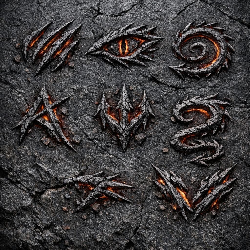 AI generated: create some new symbols that look like a dragon carved them in to black stone 