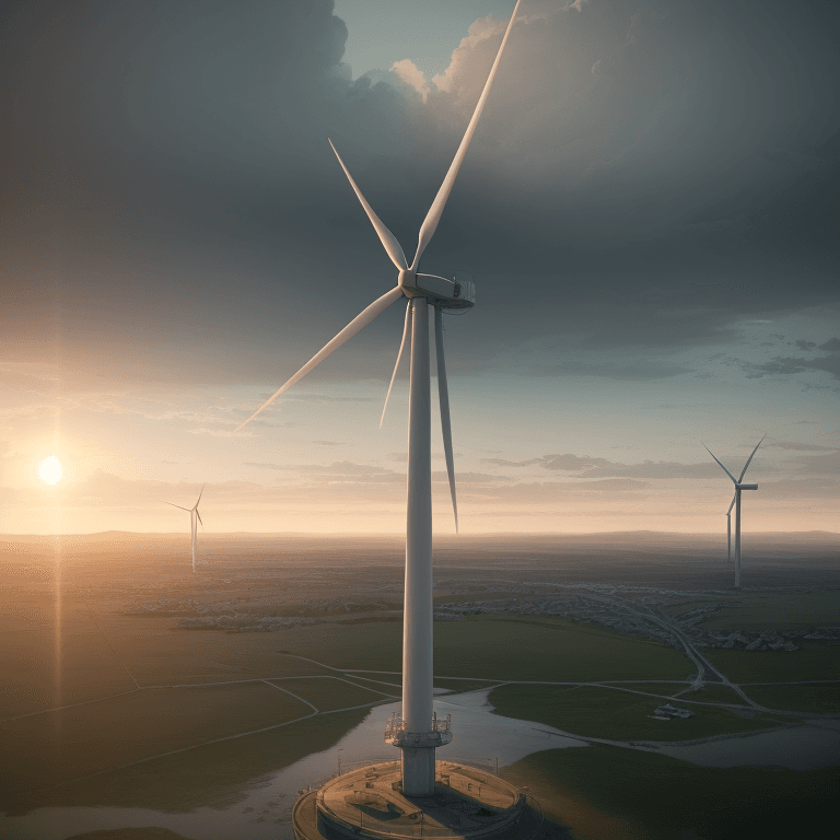 AI generated: At the top of a wind turbine tower, with a panoramic view of the horizon. dramatic light, pale sunri...