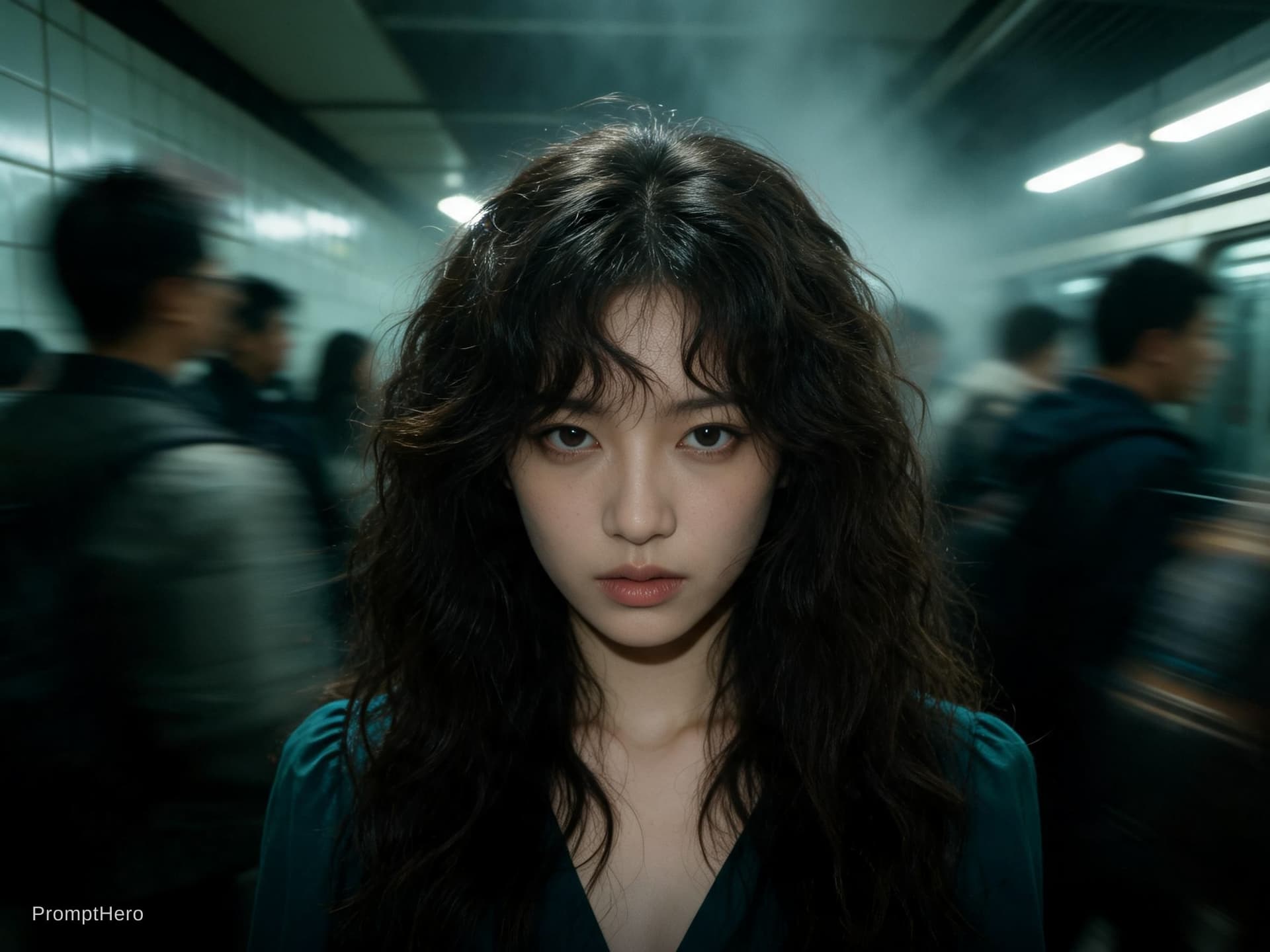 AI generated: Cinematic editorial portrait of a young women in her early twenties standing motionless at the
cente...
