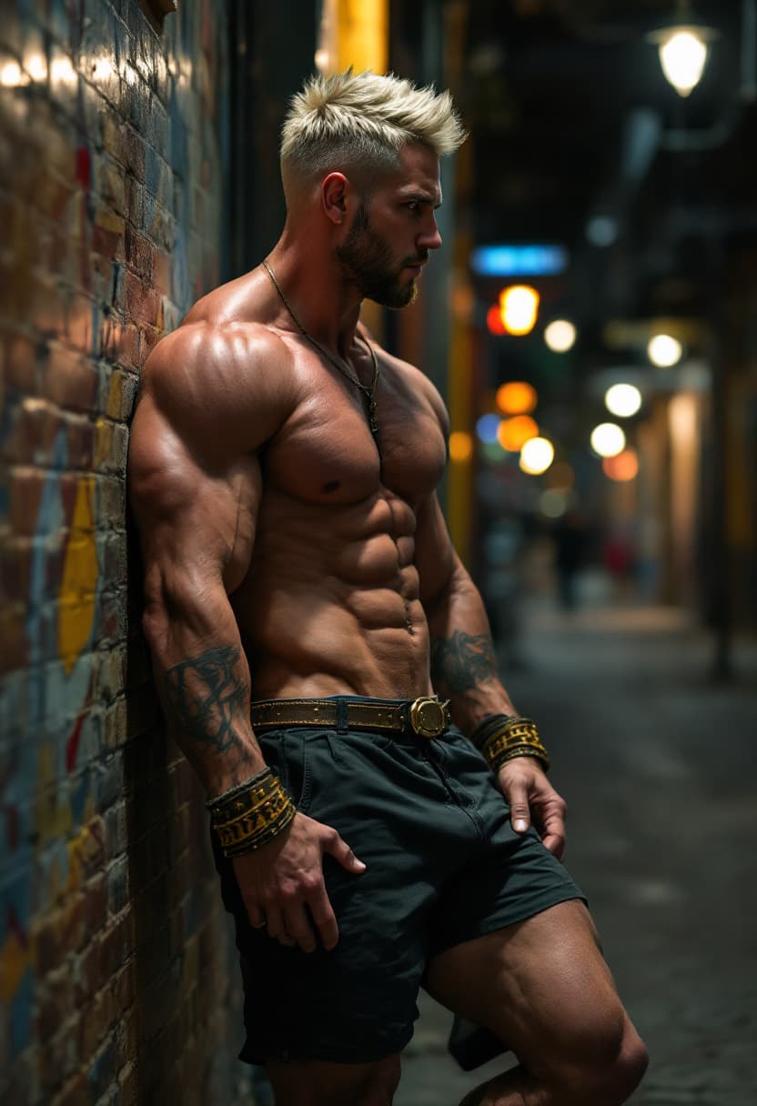 AI generated: high-resolution photo of extremely muscular man, platinum blonde hair, wearing small gym shorts and ...