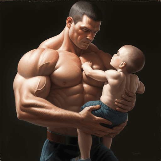 AI generated: Realisting of oil painting of Muscular man carrying his son