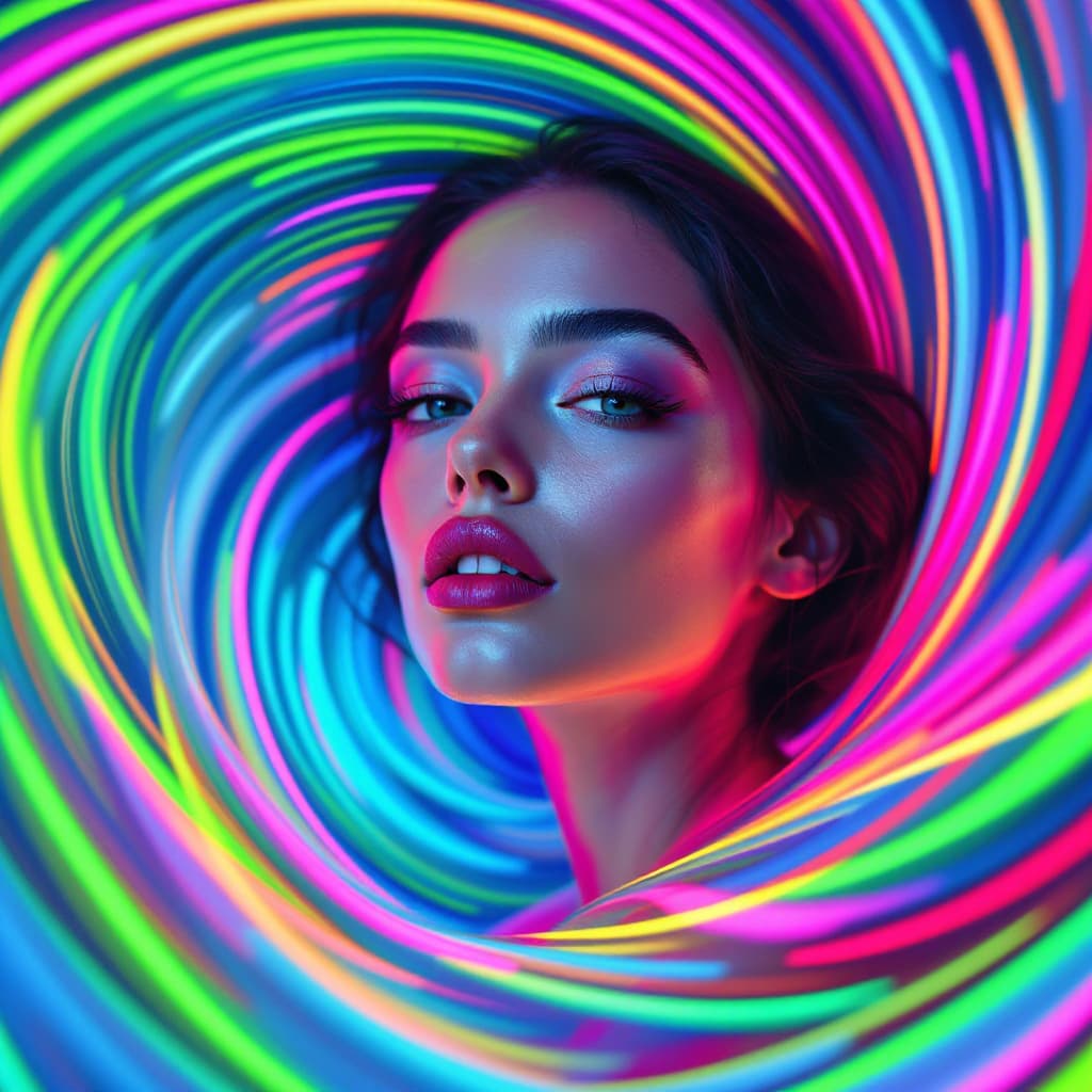 AI generated: 
 Magazine cover featuring a captivating woman enveloped in a mesmerizing vortex of swirling stripes...