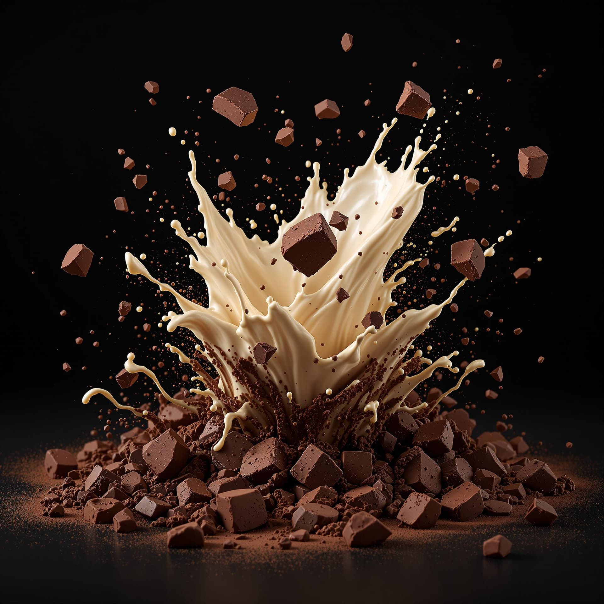 AI generated: dark background, in the front flying chocolate chunks with milky cream along in different sizes like...