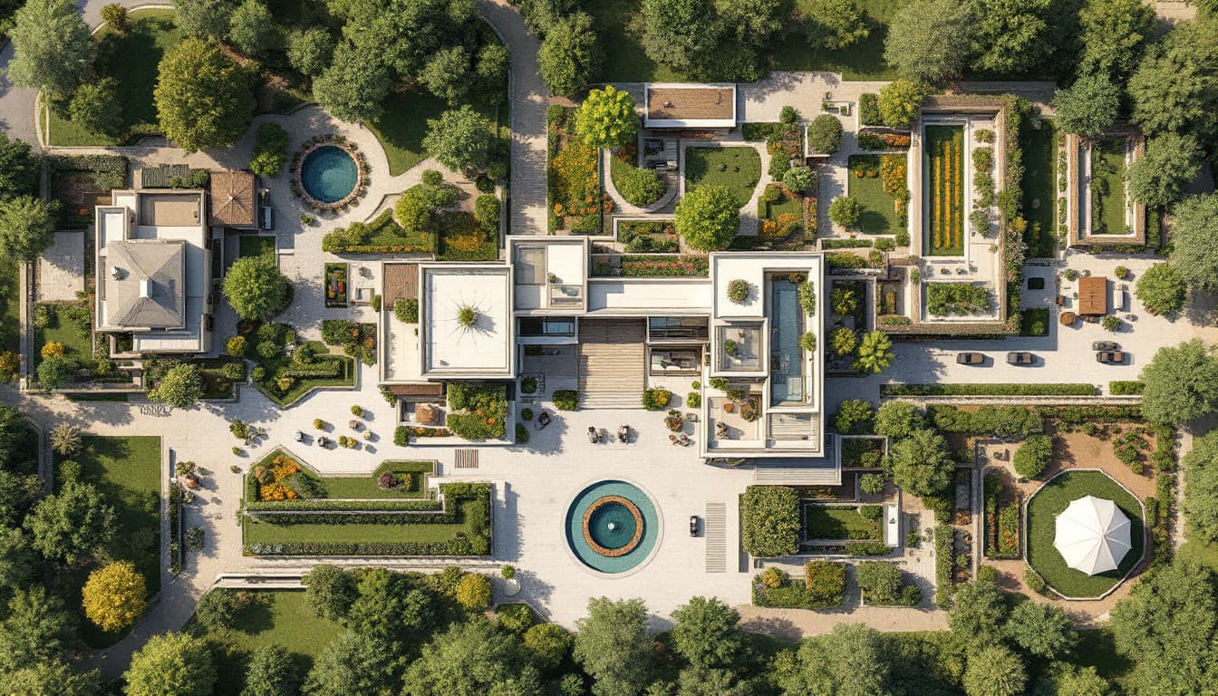 AI generated: Create a detailed, top-down site plan for a sustainable family estate that blends modern luxury with...