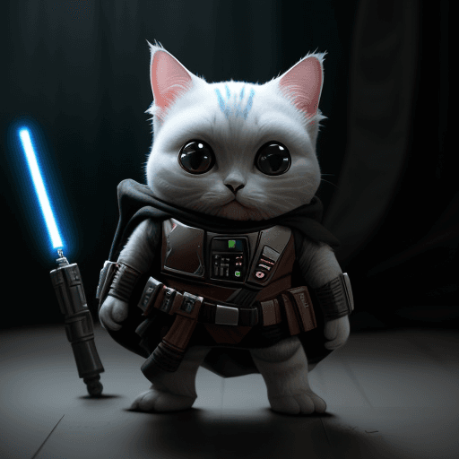 AI generated: Star Wars, Mandalorian, a super cute Grogu in full body, Epic,and a white cat one-eyed, Cinematic sc...