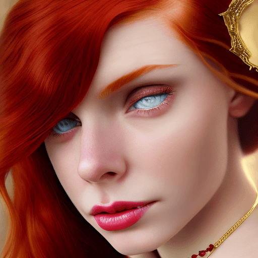 AI generated: photo realistic portrait of young woman, red hair, pale, realistic eyes, gold necklace with big ruby...