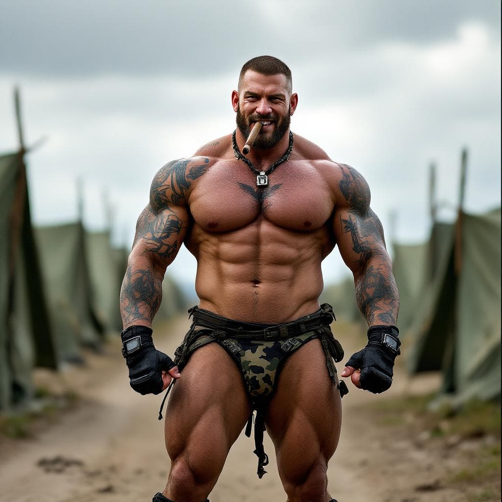 AI generated: Chris Redfield, Full body image, looking at us, shirtless, muscular abs, lots of tattoos, eagle ches...
