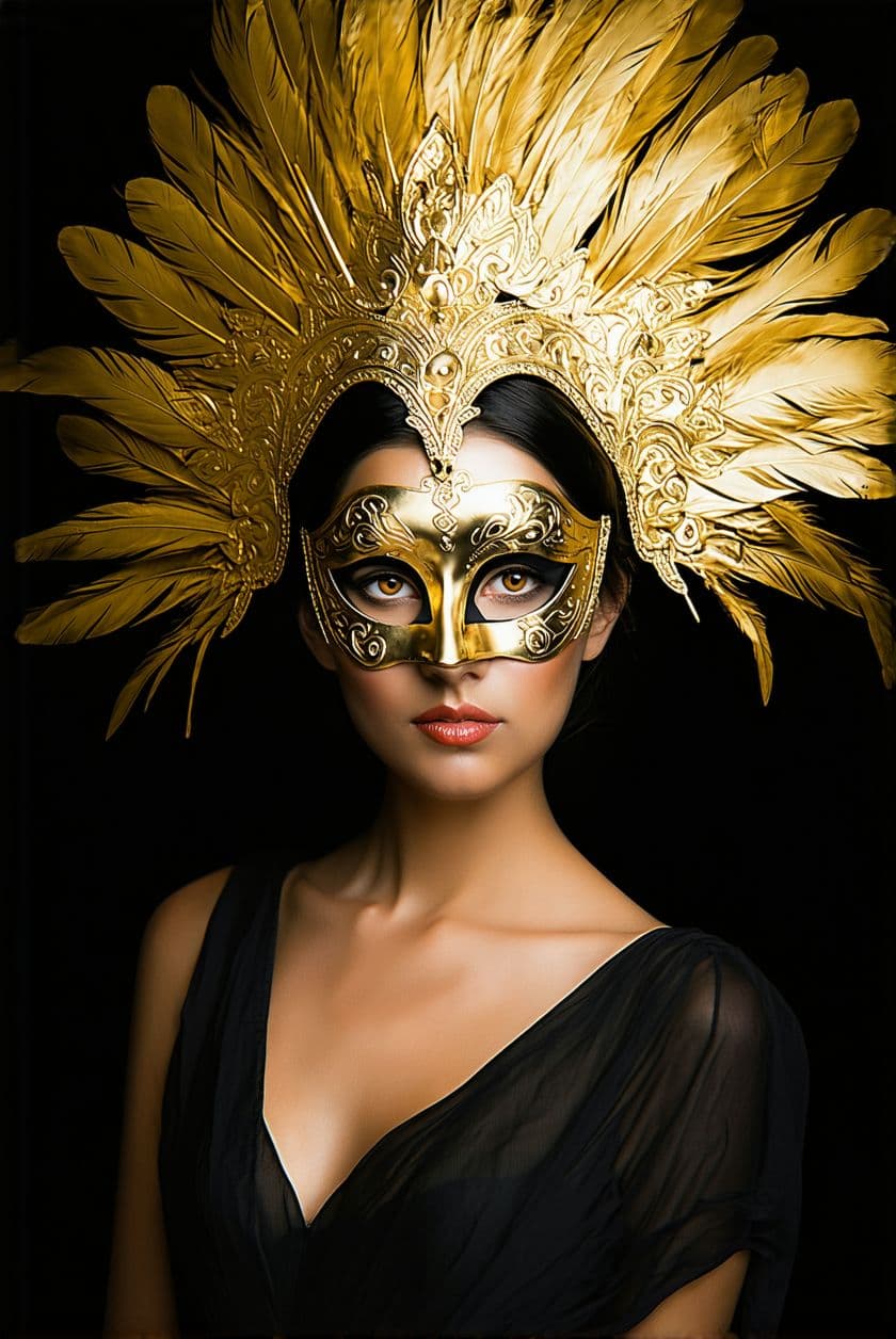 AI generated: A woman in an elaborate golden mask and feather headdress stands in front of a black background. The...