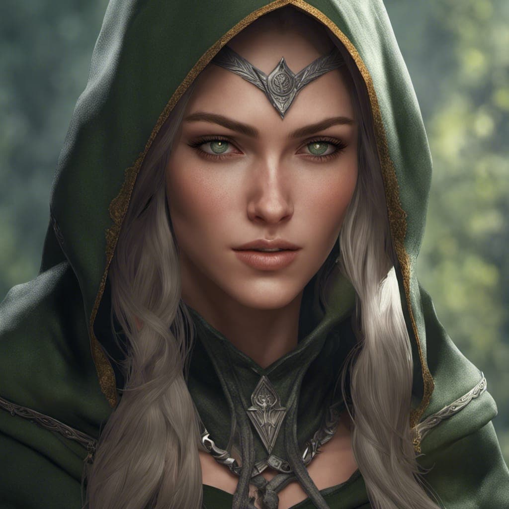 AI generated: portrait of a elven ranger, dark, piercing eyes, gentle expression, witchy clothing, photorealistic,...