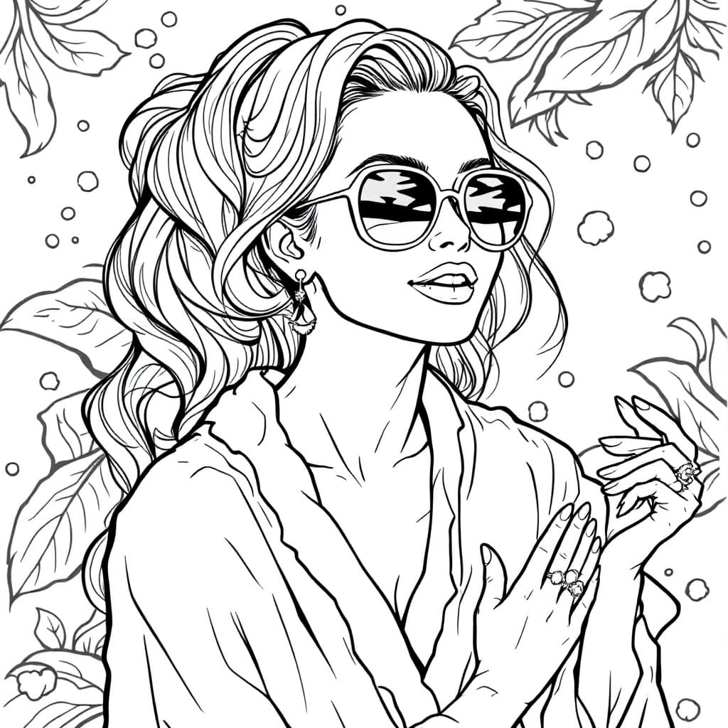 AI generated: black and white coloring book poster of a woman in a bathrobe wearing lipstick, sunglasses, a ring, ...