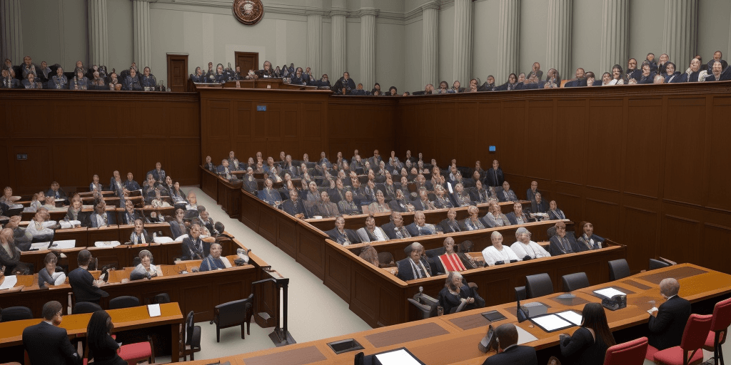 AI generated: Create a high quality graphic that shows many humans present in a courtroom with human legislators a...