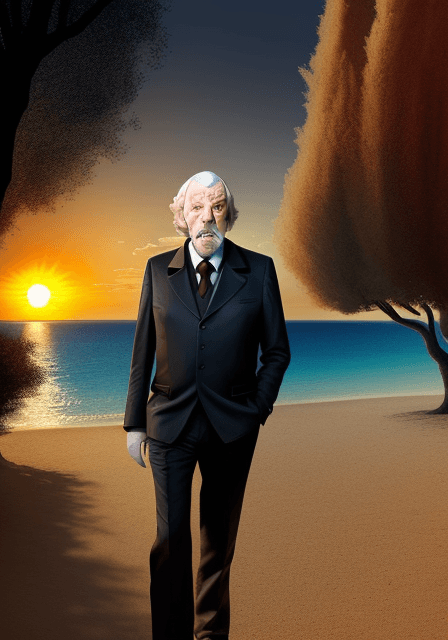 AI generated: Donald Sutherland caricature with agent rome clothes, landscape  sun set in silence beatch, trees