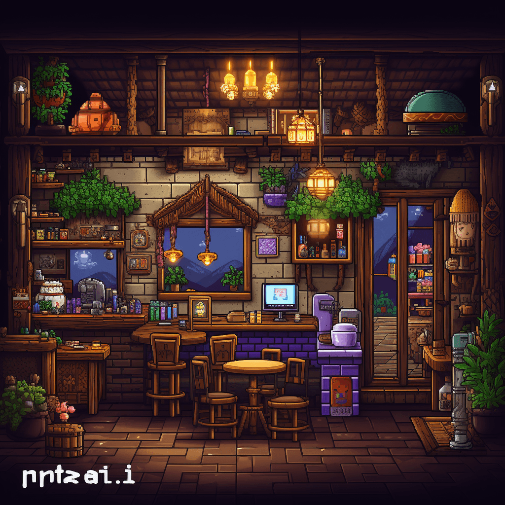 AI generated: pixel art nintendo mtm for xbox live 2. The restaurant,in the style of cute and colorful, fairy tale...