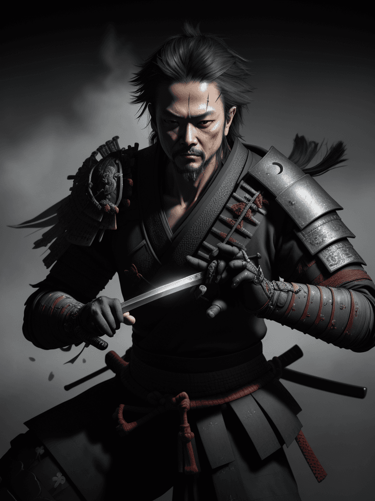AI generated: 12th-century samurai in the style of Yoji Shinkawa, holding the sword, Volumetric light, hyperrealis...