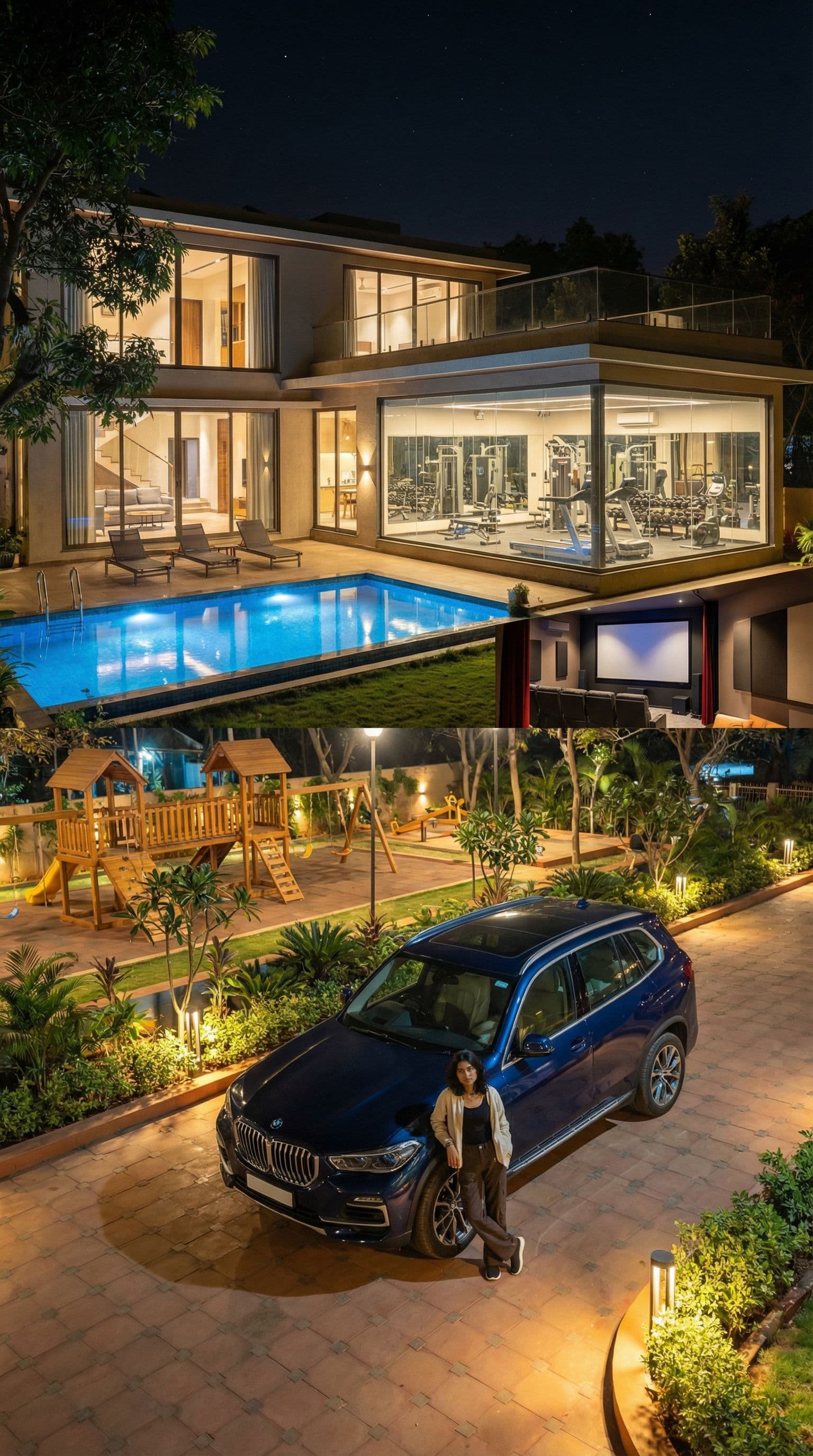 AI generated: Night view of a modern duplex dream home with glowing swimming pool, glass-wall gym, private theater...