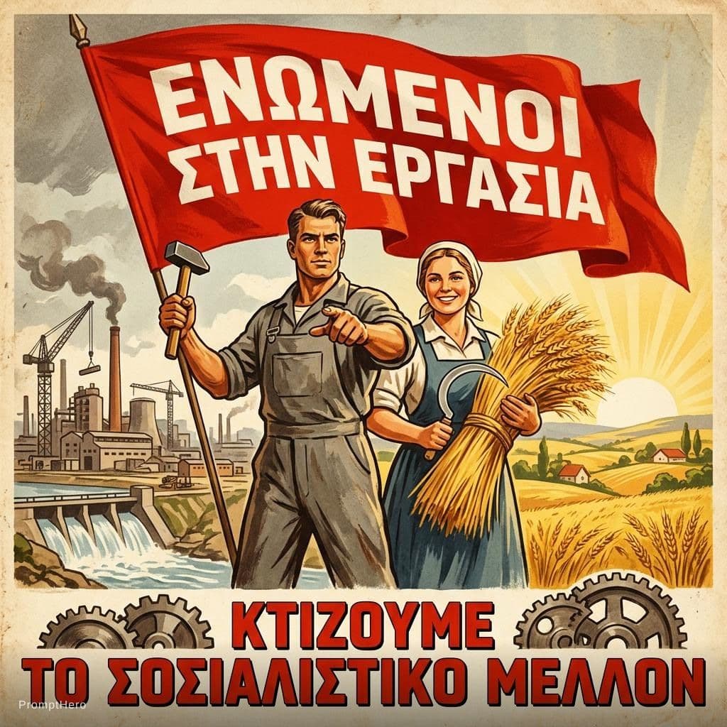 AI generated: A retro propaganda poster in the style of mid-20th century Socialist Realism. In the center, a stron...