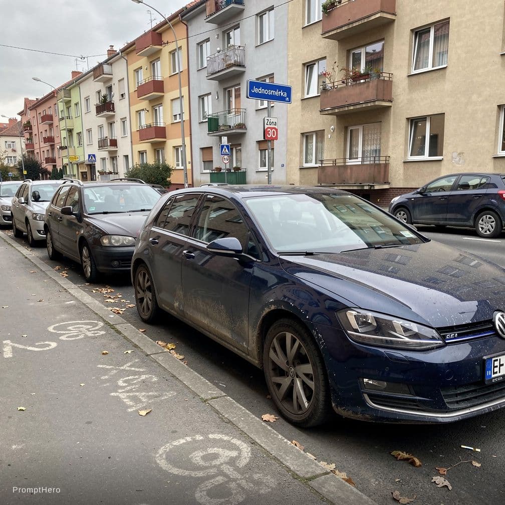 AI generated: smartphone photo taken by a random person on the street, dark blue Volkswagen Golf parked on a typic...