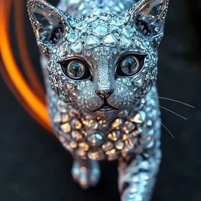 AI generated video: Cat made of diamond, agressive, walk, subtle camera 