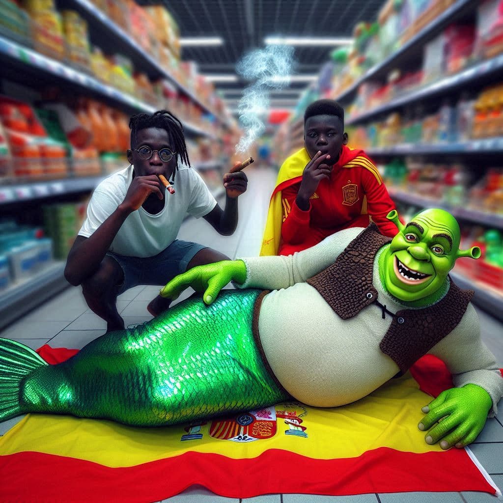 AI generated: Shrek es una sirena resplandeciente y detallada, con pelo largo, cola escamosa, está tumbado fumando...