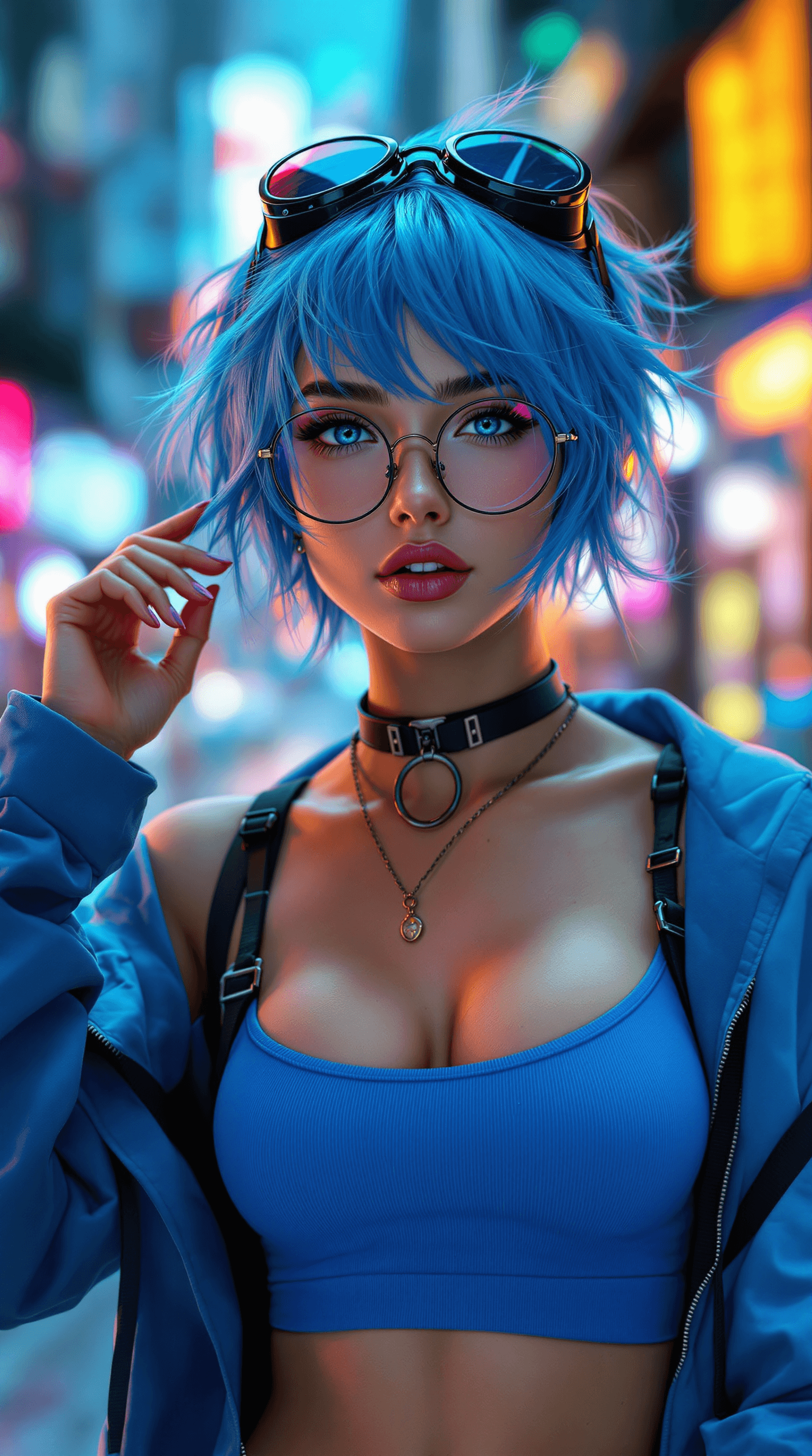 AI generated: A stunning young woman with vibrant, tousled short blue hair, exuding a confident and playful cyberp...