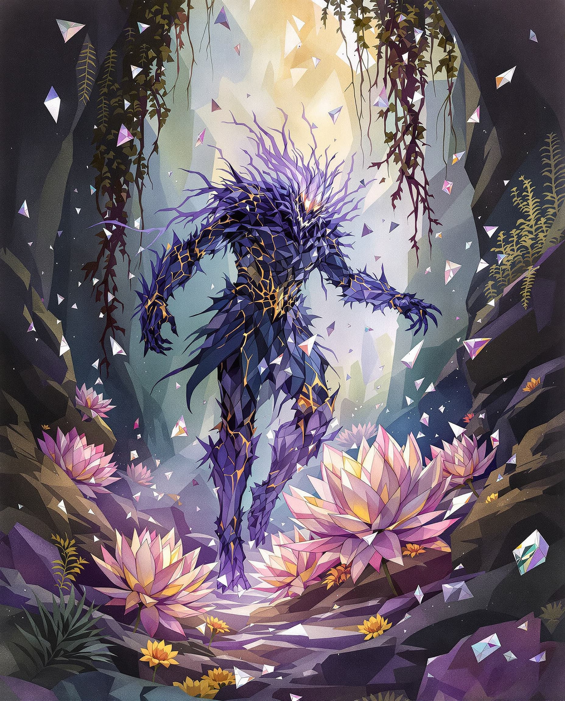 AI generated: Image is a cinematic, moody watercolor ink wash illustration featuring ((broken  Alebrije's pottery ...