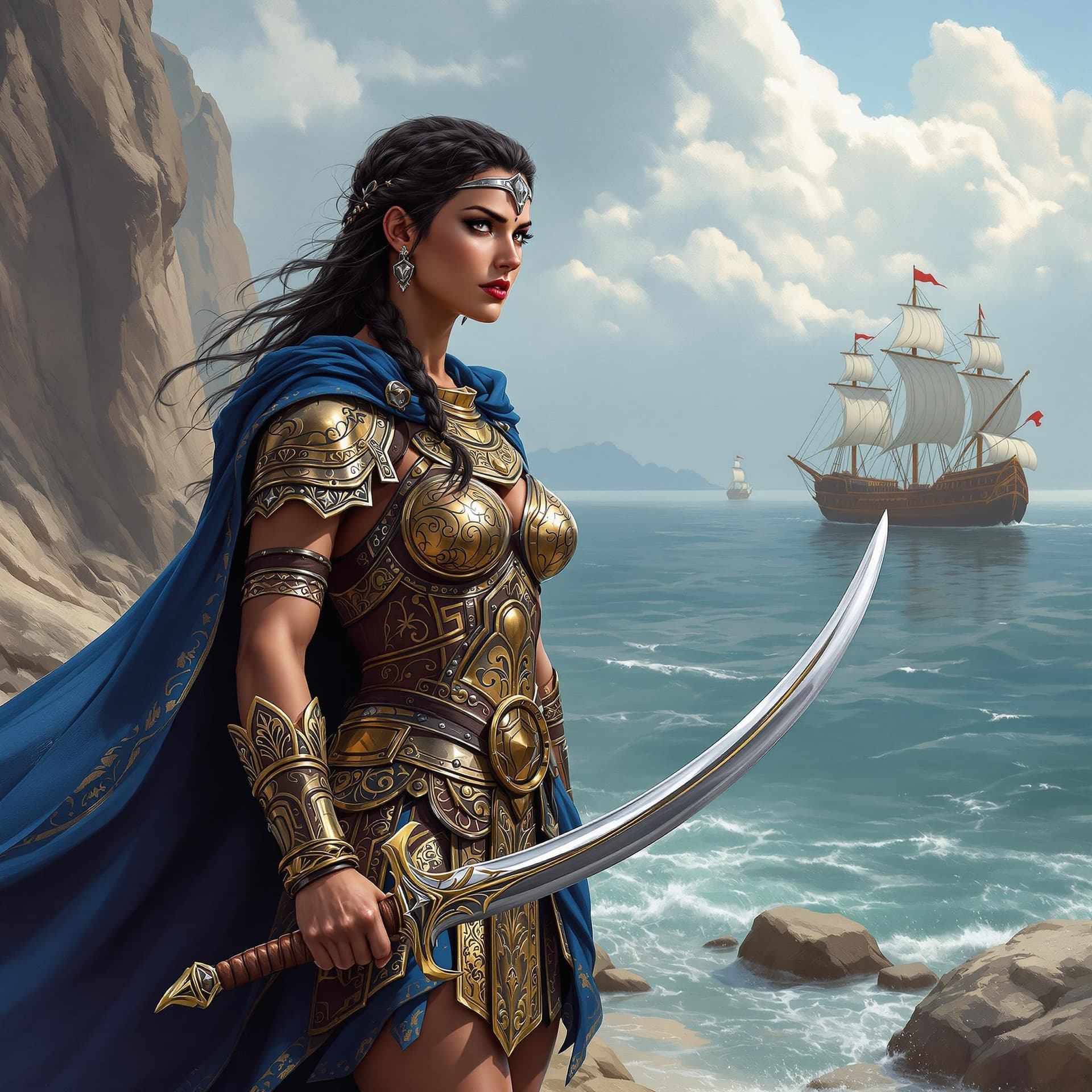 AI generated: a digital painting of Queen Teuta of Illyria stands on the rocky shore, watching Roman ships approac...
