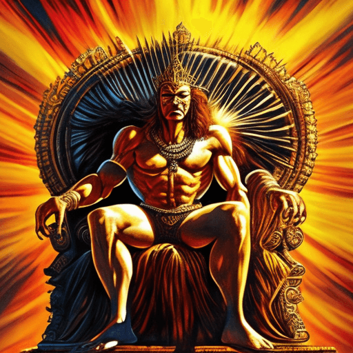 AI generated: The Sun King, sitting on his throne with the sun behind him, fit, abs, in the style of Frank Frazett...