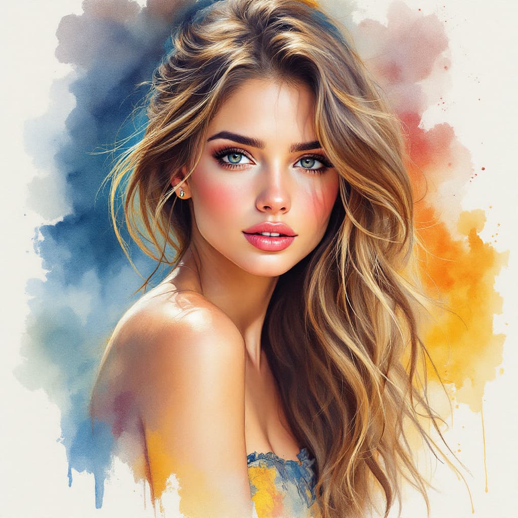 AI generated: Watercolor Painting of a Women, Cute, 18 Year Old. It is a Masterpiece of Concept Art by Michael Gar...