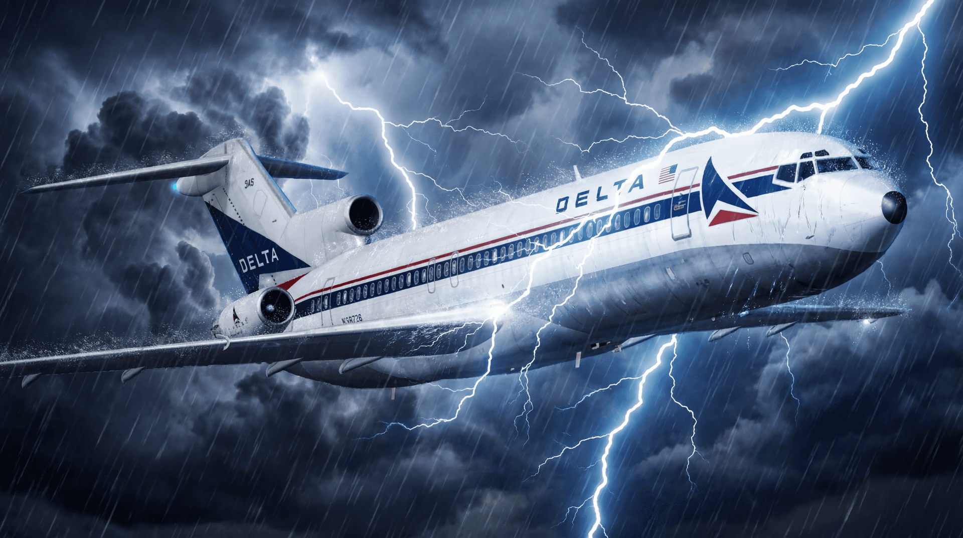 AI generated: The Delta 727 airplane is flying through storms with lightning.