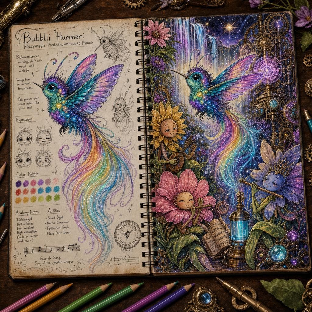 AI generated: A cute Pollywoggle pooka/hummingbird hybrid, known as a "Bubbllii Hummer," featuring intricate biolu...