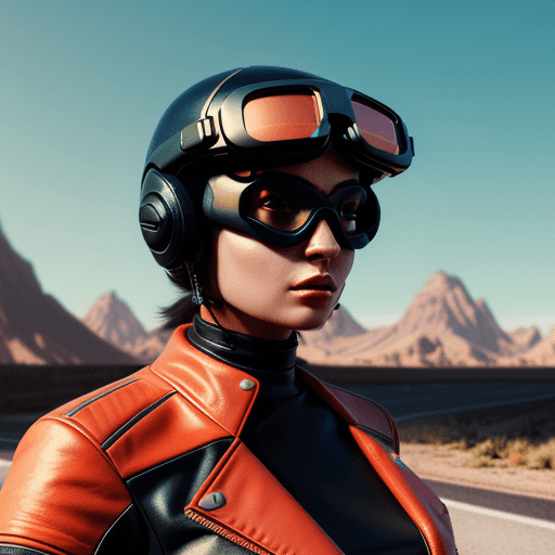 AI generated: portrait of a futuristic gorgeous woman biker wearing motorcycle vintage style retro goggles, road t...